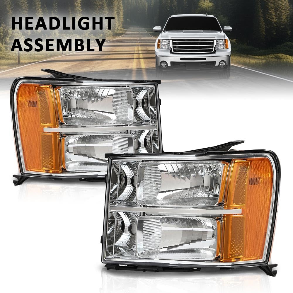 G-PLUS Tube Projector Headlights Assembly Fit GMC Sierra 1500 2500 HD 3500 HD 2007 2008 2009 2010 2011 2012 2013 2014 Headlamps Left & Right Clear Lens Chrome Housing Amber Reflector,faros delanteros