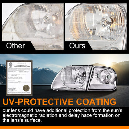 G-PLUS Headlights Fit 1998-2003 Ford F150/Fit 1997-2002 Ford Expedition/Fit Ford Ford F250 Light Duty 97-99 w/Corner Lamps,Headlamps faros delanteros,Clear Lens Chrome Housing Clear Reflector