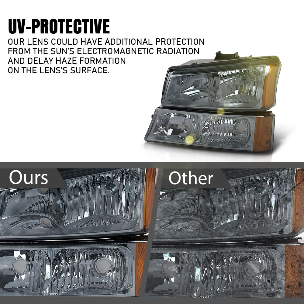 G-PLUS Headlights Assembly, Compatible with 2003 2004 2005 2006 Chevy Avalanche 1500 2500 Bumper Headlamps, Smoky Lens Chrome Housing Amber Reflector,faros delanteros