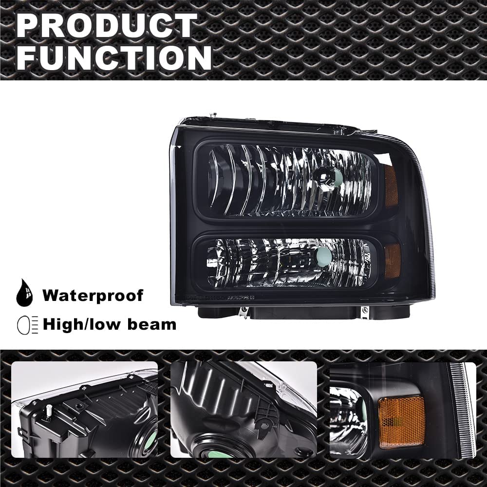 G-PLUS Headlights Assembly, Compatible with 99-04 Ford F250 F350 F450 F550 Super Duty/00-04 Ford Excursion Bumper Headlamps, Smoky Lens Black Housing Amber Reflector,faros delanteros