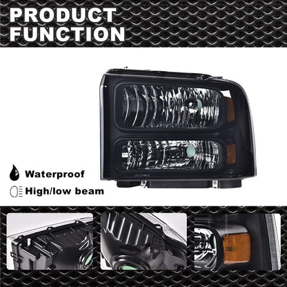G-PLUS Headlights Assembly, Compatible with 99-04 Ford F250 F350 F450 F550 Super Duty/00-04 Ford Excursion Bumper Headlamps, Smoky Lens Black Housing Amber Reflector,faros delanteros