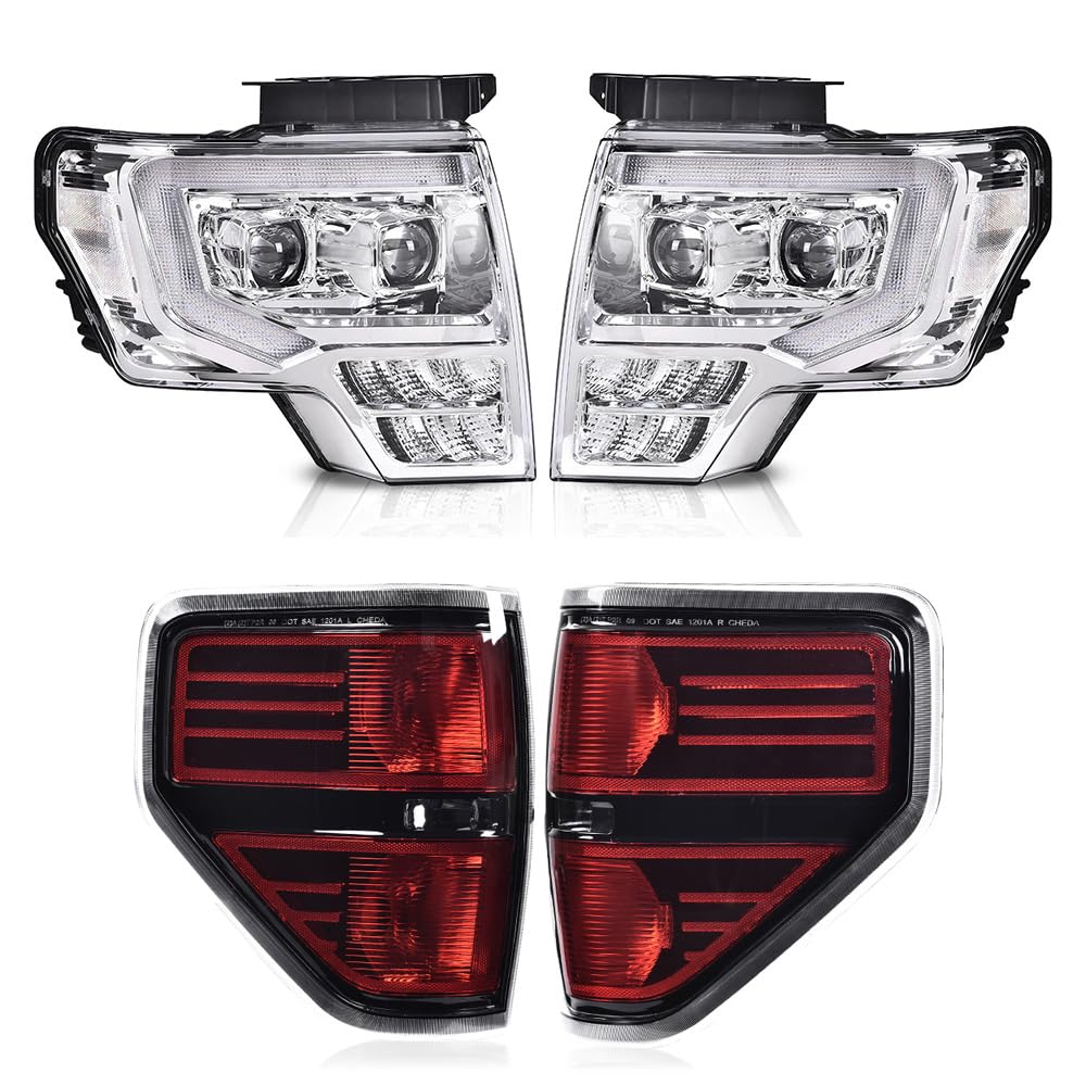 G-PLUS LED Tube Headlights Assembly & Rear Tail Lights Compatible with Ford F150 2009 2010 2011 2012 2013 2014 (Clear Lens Chrome Housing Headlights + Tail lights)