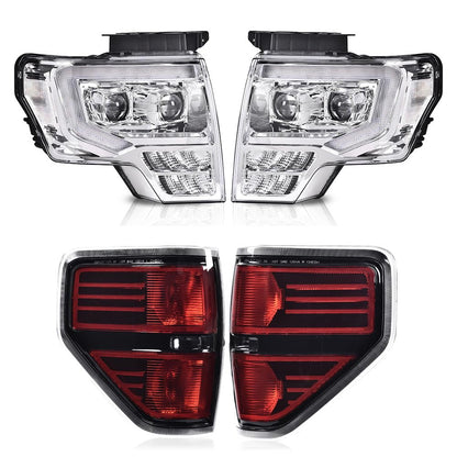 G-PLUS LED Tube Headlights Assembly & Rear Tail Lights Compatible with Ford F150 2009 2010 2011 2012 2013 2014 (Clear Lens Chrome Housing Headlights + Tail lights)
