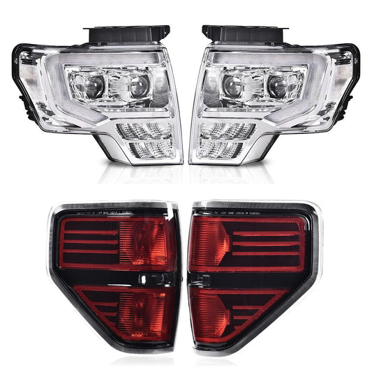 G-PLUS LED Tube Headlights Assembly & Rear Tail Lights Compatible with Ford F150 2009 2010 2011 2012 2013 2014 (Clear Lens Chrome Housing Headlights + Tail lights)