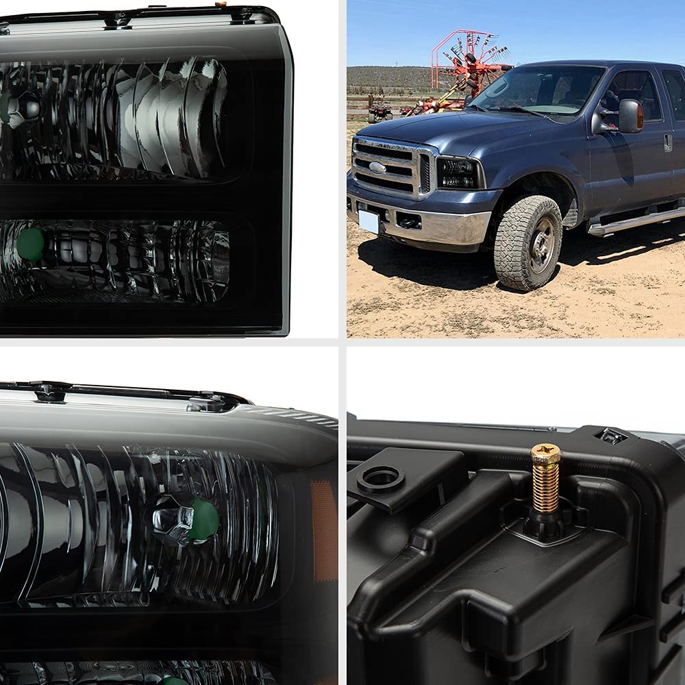 G-PLUS Headlights Assembly, Compatible with 2005-2007 Ford F250 F350 Super Duty Bumper Headlamps, Smoky Lens Black Housing Amber Reflector,faros delanteros