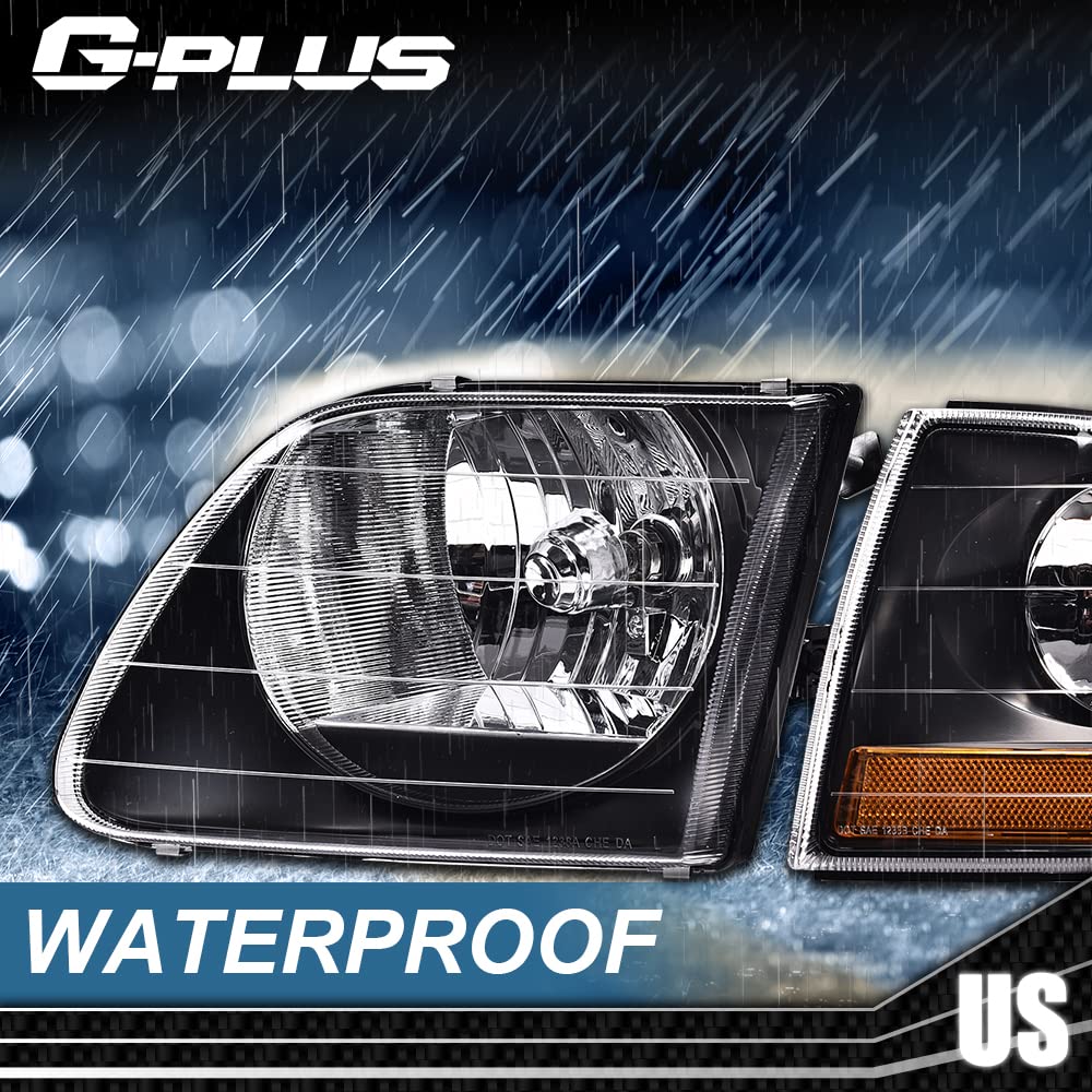 G-PLUS Headlights Assembly,Compatible with Ford F150 1998-2003,Fit Ford Expedition 1997-2002,/Fit Ford F250 1988-1999,Bumper Headlamps faros delanteros,Clear lens Black Housing Amber Reflector