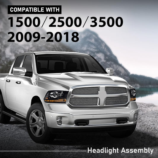 G-PLUS LED Projector Headlights Assembly Compatible with Dodge Ram 1500 2500 3500 2009-2012,Left & Right Pair Headlight Clear Lens Black Housing Clear Reflector,Front Headlamp Bar Plank Style
