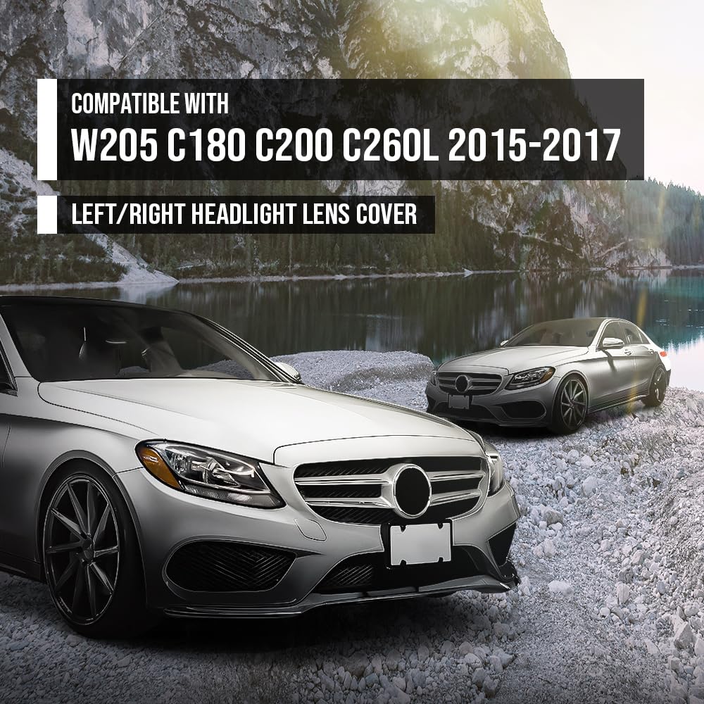 G-PLUS Headlight Lens Cover Compatible with Benz C-Class W205 C180 C200 C260L 2015 2016 2017 Left & Right Side A2059067303, A2059067403 Front Headlamp Lens Cover Clear
