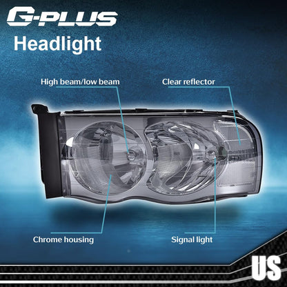 G-PLUS Headlights Assembly Fit 2002-2005 Dodge Ram 1500 2500 3500 Bumper Headlamp Smoky lens Chrome Housing Clear Reflector