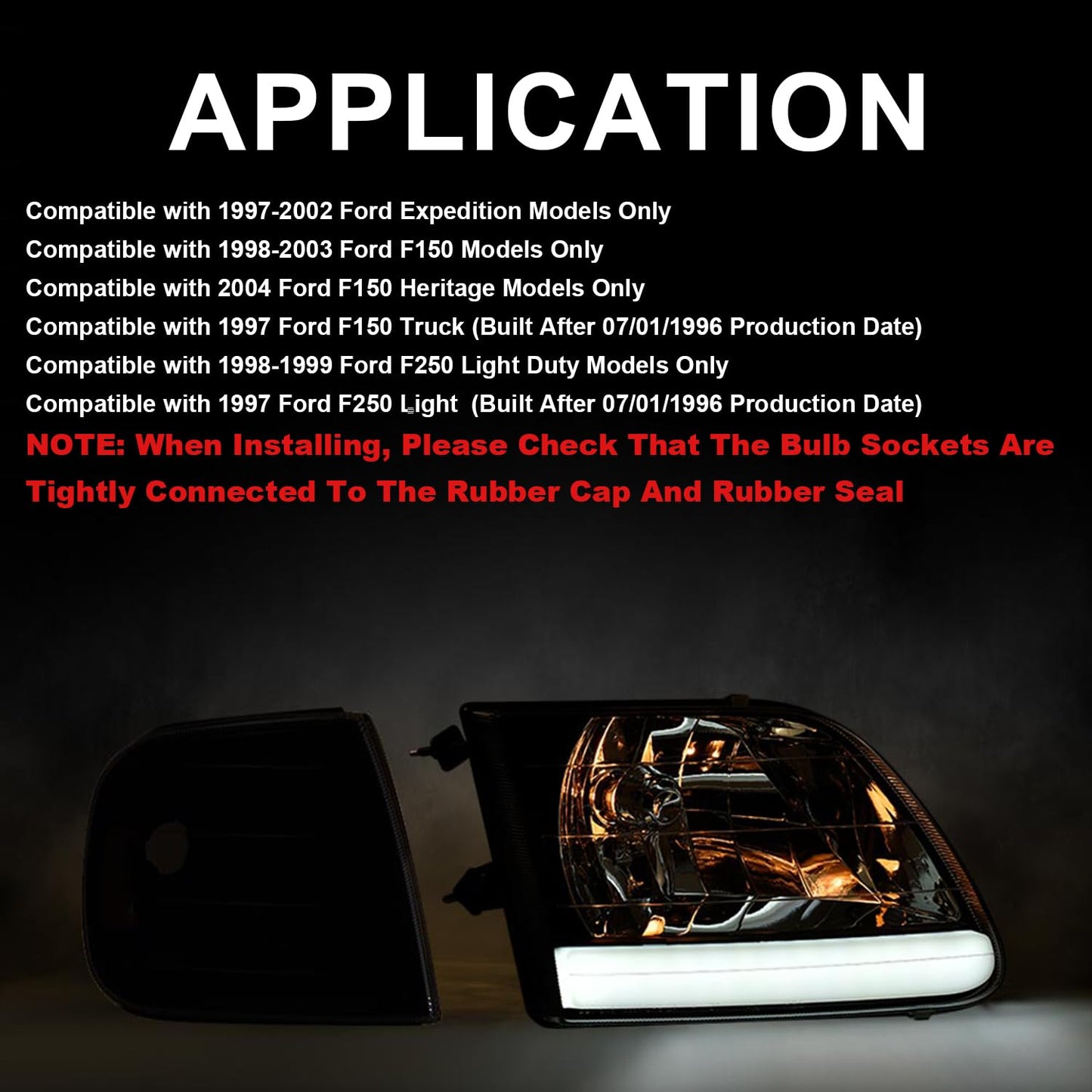 G-PLUS LED DRL Headlights Compatible with Ford Expedition 1997-2002/Fit F150 1998-2003/Fit F250 Light Duty 1997-1999 w/Corner Lamps Smoky Lens Black Housing Amber Reflector