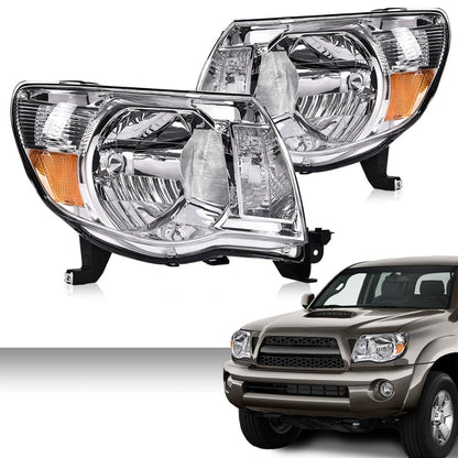G-PLUS Headlights Assembly Compatible with Toyota Tacoma 2005-2011 Headlamps Pair Halogen Clear Lens Chrome Housing Amber Reflector,faros delanteros