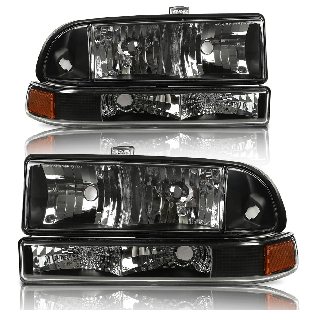 G-PLUS Headlights Assembly Fit Chevy S10 Pickup/Blazer 1998 1999 2000 2001 2002 2003 2004 Bumper Headlamps Clear Lens Black Housing Amber Reflector 16526217 16526218 15098267 15098268,faros delanteros