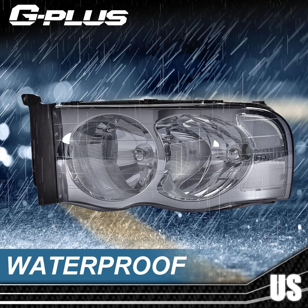 G-PLUS Headlights Assembly Fit 2002-2005 Dodge Ram 1500 2500 3500 Bumper Headlamp Smoky lens Chrome Housing Clear Reflector