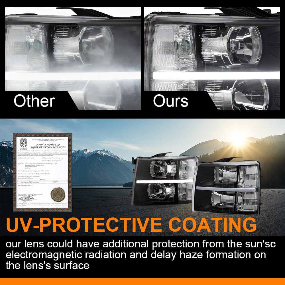 G-PLUS LED DRL Headlights, Fit 2007-2014 Chevy Silverado 2500 3500 & HD Models/Fit 2007-2013 Chevy Silverado 1500 Bumper Headlamps, Clear Lens Black Housing Clear Reflector