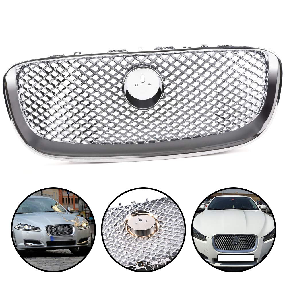Chrome Silver Front Upper Grille Front Center Grill Assembly Compatible For Jaguar XF XFR 2012-2015
