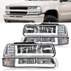 G-PLUS LED DRL Headlights Assembly Fit Chevy Silverado 1999-2002/Fit Tahoe Suburban 1500 2500 2000-2006 Clear Lens Chrome Housing Amber ReflectorBumper Headlamps,faros delanteros