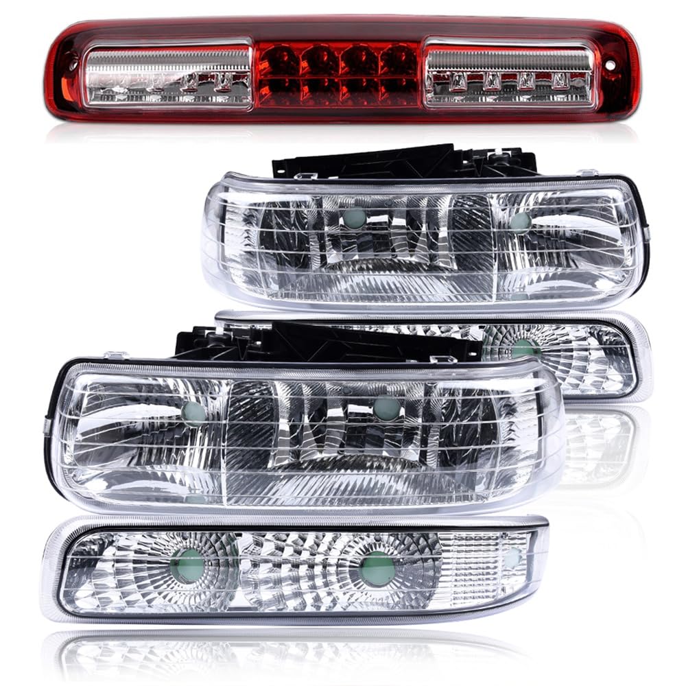 G-PLUS Headlights Assembly Turn Signal Lamp & LED 3rd Third Brake Light Fit Chevy Silverado 1500/2500 99-02 / Suburban 1500/2500/Tahoe 00-06 Faros Conjunto De Faros
