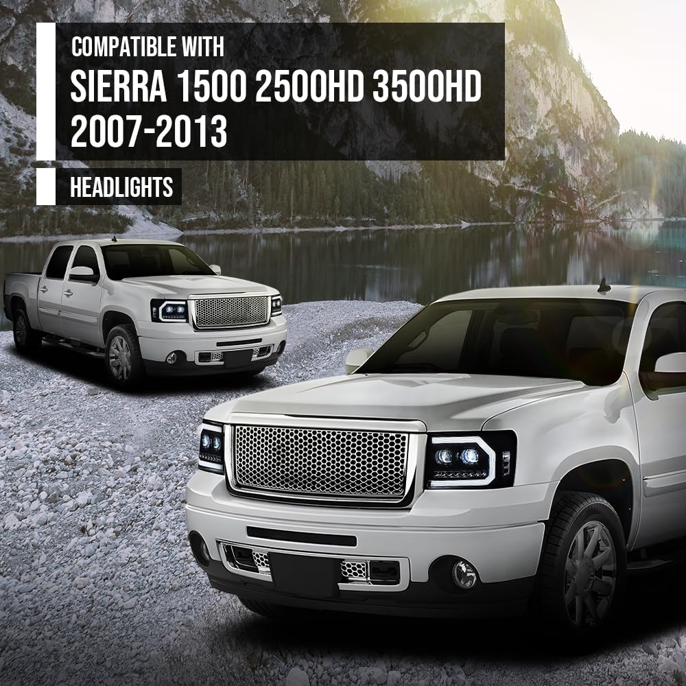 G-PLUS LED DRL Headlights Assembly Compatible with GMC Sierra 1500 2007-2013/Fit GMC Sierra 2500HD 3500HD 2007-2014 Smoky Lens Black Housing Clear Reflector Left & Right Headlamps,faros delanteros