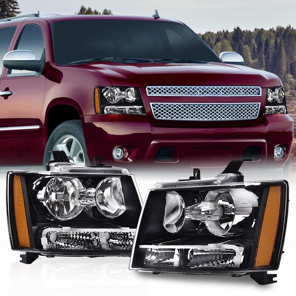 G-PLUS Headlights Assembly Compatible with Chevy Tahoe Subarban Avalanche 2007-2014 Pair Bumper Corner Headlamps Left & Right Clear Lens Black Housing Amber Reflector,faros delanteros