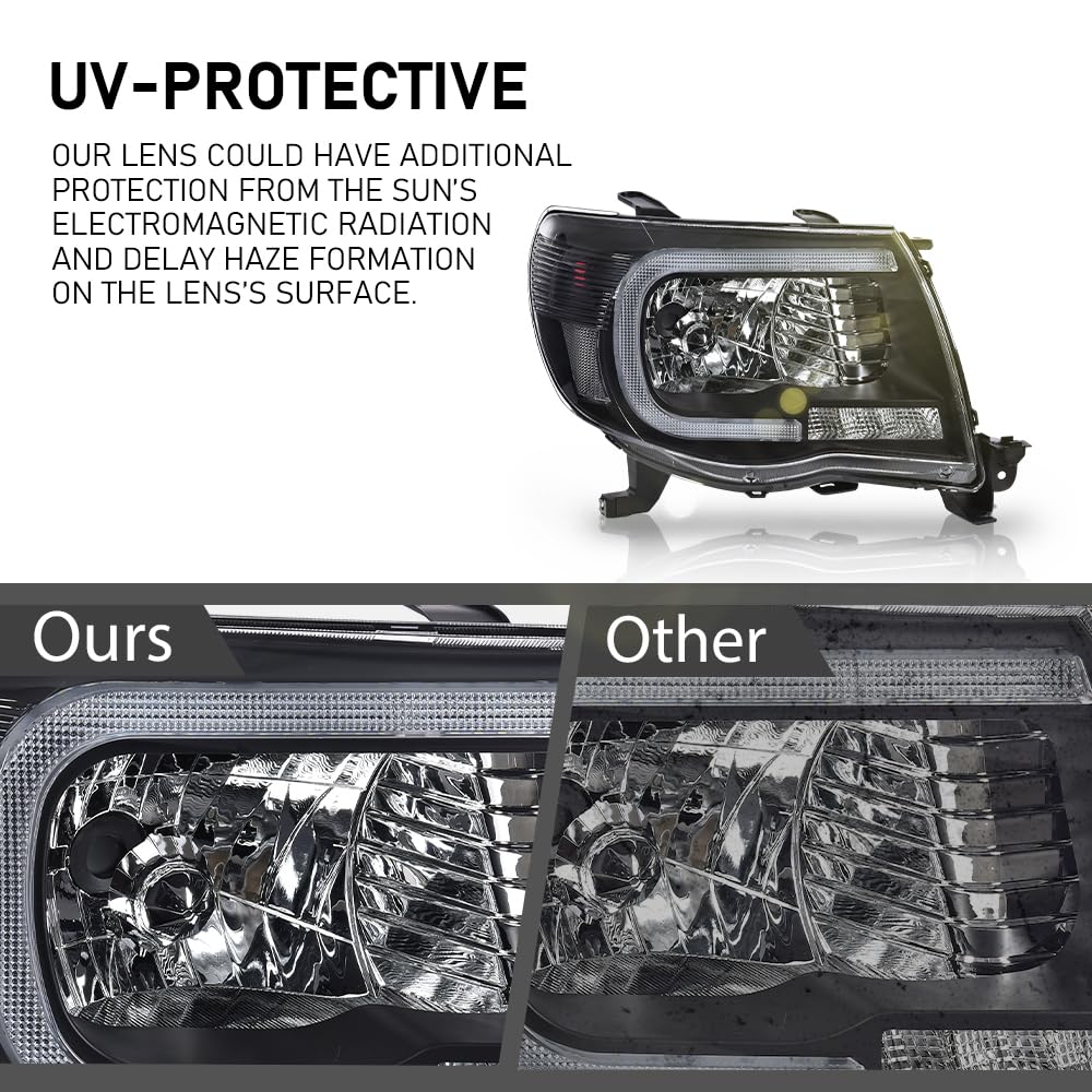 G-PLUS LED DRL Tube Halo Projector Headlights w/o Bulbs, Fit For Toyota Tacoma 2005 2006 2007 2008 2009 2010 2011 Headlamps Clear Lens Black Housing Clear Reflector 8115004163, 8111004163