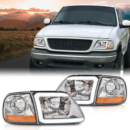 G-PLUS Headlights Assembly Fit 1992-1996 Ford F150 F250 F350 Super Duty(Incl.1997 9th Old Body Style),Fit 1992-1996 Bronco w/Corner Signal Headlamps Clear Lens Chrome Housing Amber Reflector