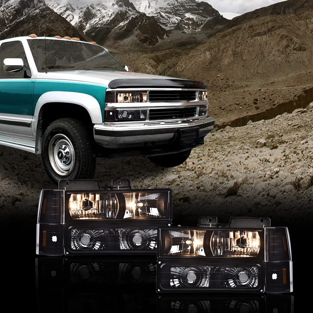 G-PLUS Headlights Assembly, Fit GMC C1500 K1500 Yukon 1994-1999 Bumper Headlamps, Smoky Lens Black Housing Amber Reflector