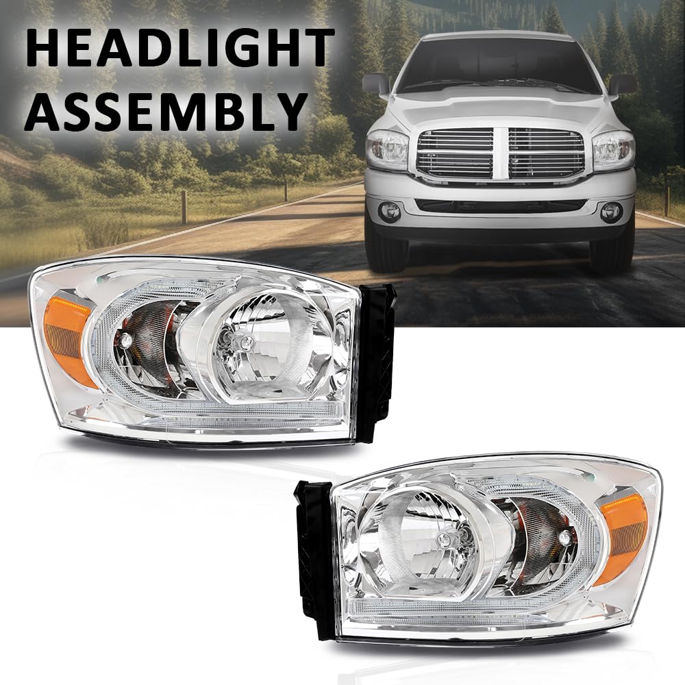 G-PLUS LED Headlights Assembly Front Headlamps Left Right Compatible with Dodge Ram 1500 2006-2008,Fit Dodge Ram 2500 3500 2006-2009 Clear Lens Chrome Housing Amber Reflector,faros delanteros
