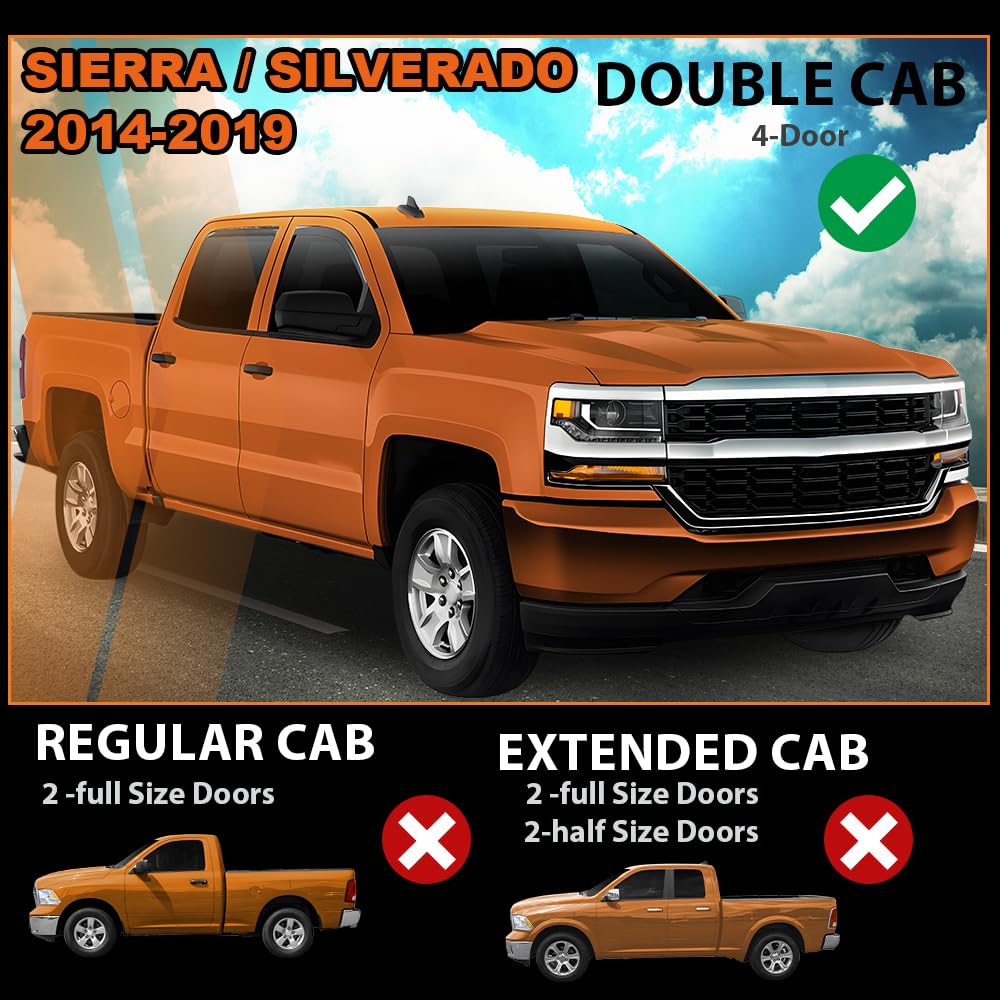 G-PLUS in-Channel Side Window Vent Visor Deflectors Rain Guards Fit Chevy Silverado 1500/2500 / 2500HD / 3500HD & GMC Sierra 1500 / 2500HD / 1500 Limited / 1500 LD Double Cab 2014-2019 4 PCS Smoky