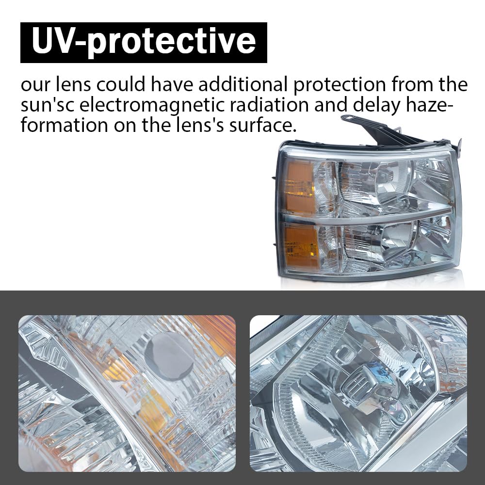 G-PLUS Headlights Fit Chevy Silverado 1500 2007-2013/Fit Chevy Silverado 2500 3500 & HD 2007-2014,NOT Fit 2007 Old Body Classic Headlamps Smoky Lens Chrome Housing Amber Reflector,faros delanteros