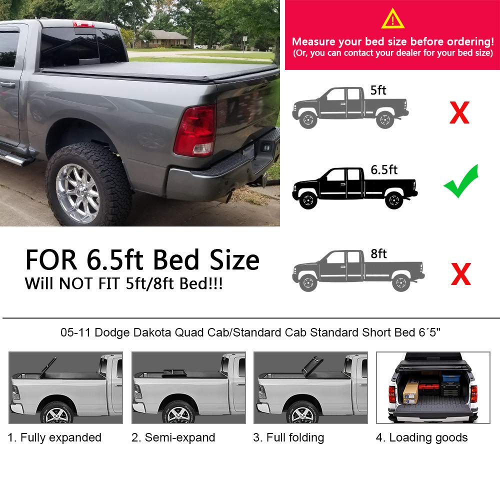 G-PLUS T4 Four-Fold Soft 6.5Ft Truck Tonneau Cover Replacement for 2005-2011 Dodge Dakota Quad Cab | 80" Standard Short Bed | Not for Flareside & Stepside Style Model