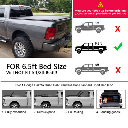 G-PLUS T4 Four-Fold Soft 6.5Ft Truck Tonneau Cover Replacement for 2005-2011 Dodge Dakota Quad Cab | 80" Standard Short Bed | Not for Flareside & Stepside Style Model