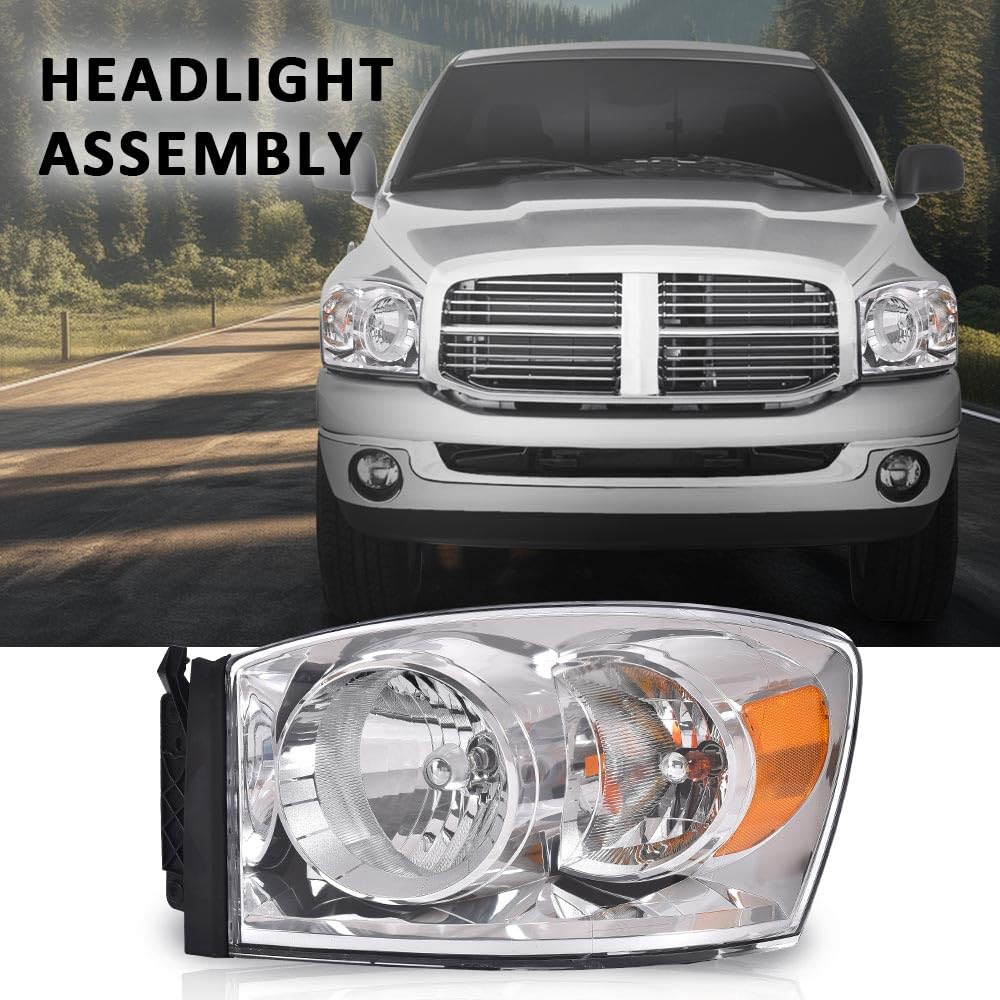 G-PLUS Headlights w/Bulbs Left Driver Side Compatible with Dodge Ram 1500 2006-2008/HEADLIGHTS | Fit Dodge Ram 2500 3500 2006-2009,Clear Lens Chrome Housing Amber Reflector Bumper Headlamps,faros Assembly
