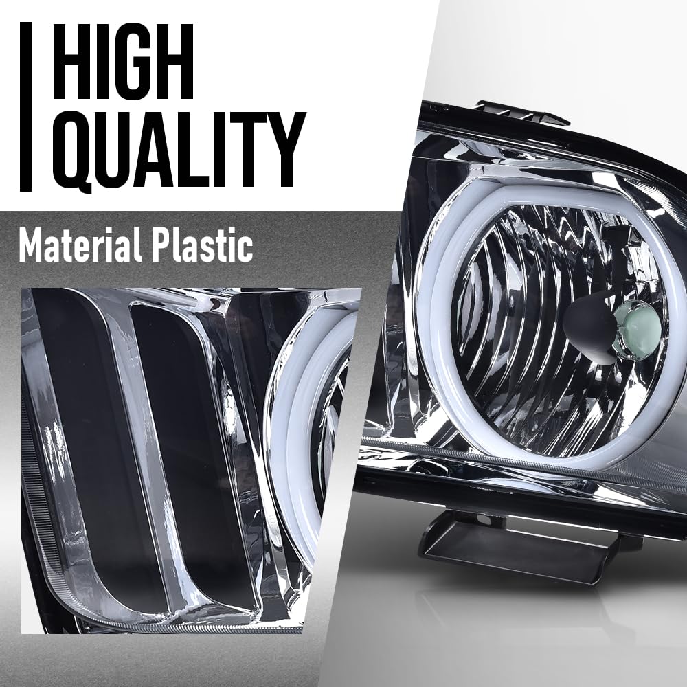 G-PLUS LED Headlights Assembly Compatible with Ford Mustang 2005-2009 7R3Z13008D, 7R3Z13008C Bumper Headlamps Left & Right Smoky Lens Chrome Housing Amber Reflector faros delanteros
