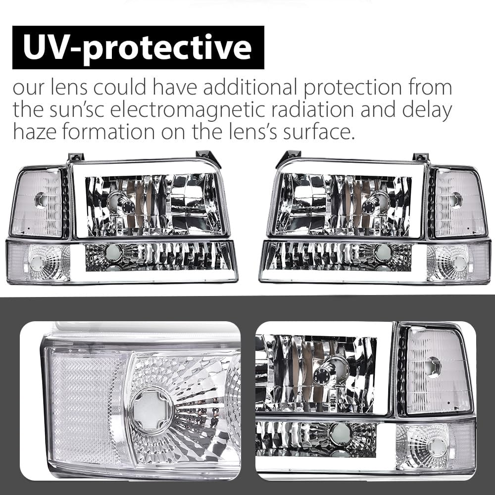 G-PLUS LED DRL Headlights, Compatible with 1992-1996 Ford Bronco F150 F250 F350(Fits Models with Halogen Headlights Only) Bumper Headlamp, Smoky lens Black Housing Clear Reflector