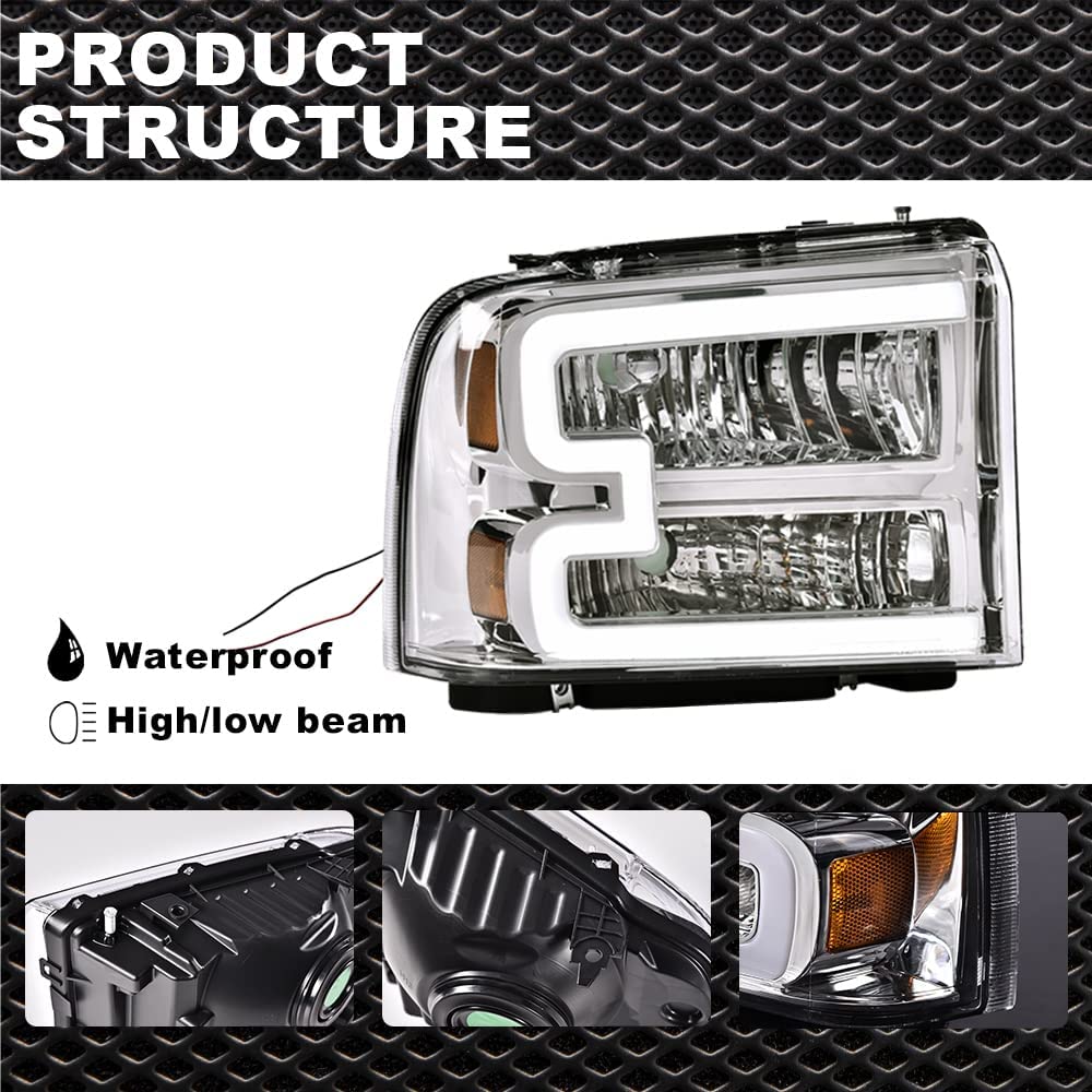 G-PLUS LED DRL Headlights, Compatible with 2005 2006 2007 Ford F250 F350 F450 F550 Super Duty Bumper Headlamps, Clear Lens Chrome Housing Amber Reflector