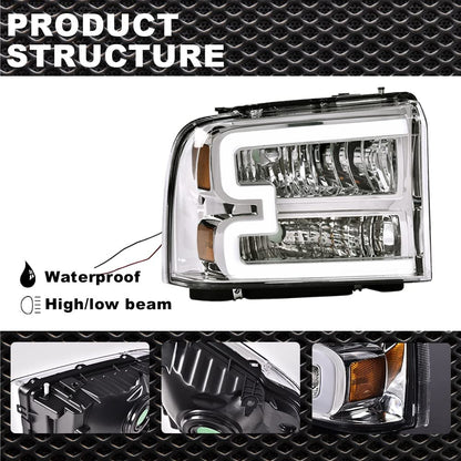 G-PLUS LED DRL Headlights, Compatible with 2005 2006 2007 Ford F250 F350 F450 F550 Super Duty Bumper Headlamps, Clear Lens Chrome Housing Amber Reflector