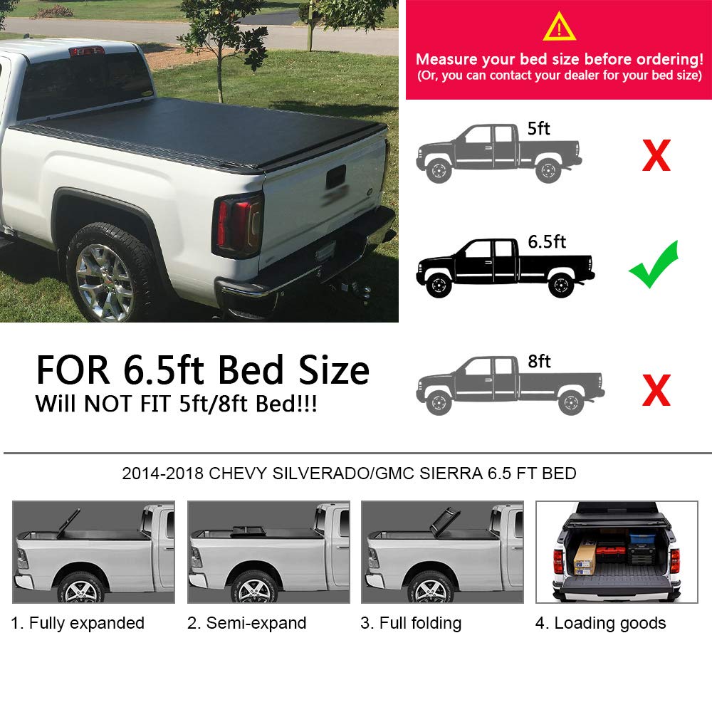 G-PLUS T4 Four-Fold Soft 6.5Ft Truck Tonneau Cover Replacement for 2014-2018 Chevy Silverado/GMC Sierra 1500,2015-2018 Chevy Silverado/GMC Sierra 2500 3500 HD,Clamp-On Tonneau Cover 6.5'