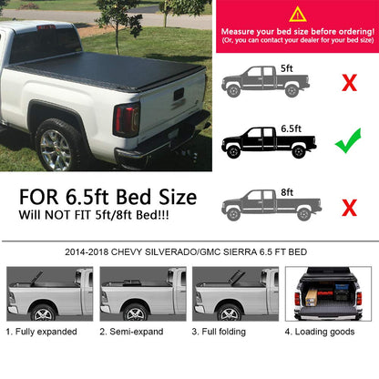 G-PLUS T4 Four-Fold Soft 6.5Ft Truck Tonneau Cover Replacement for 2014-2018 Chevy Silverado/GMC Sierra 1500,2015-2018 Chevy Silverado/GMC Sierra 2500 3500 HD,Clamp-On Tonneau Cover 6.5'