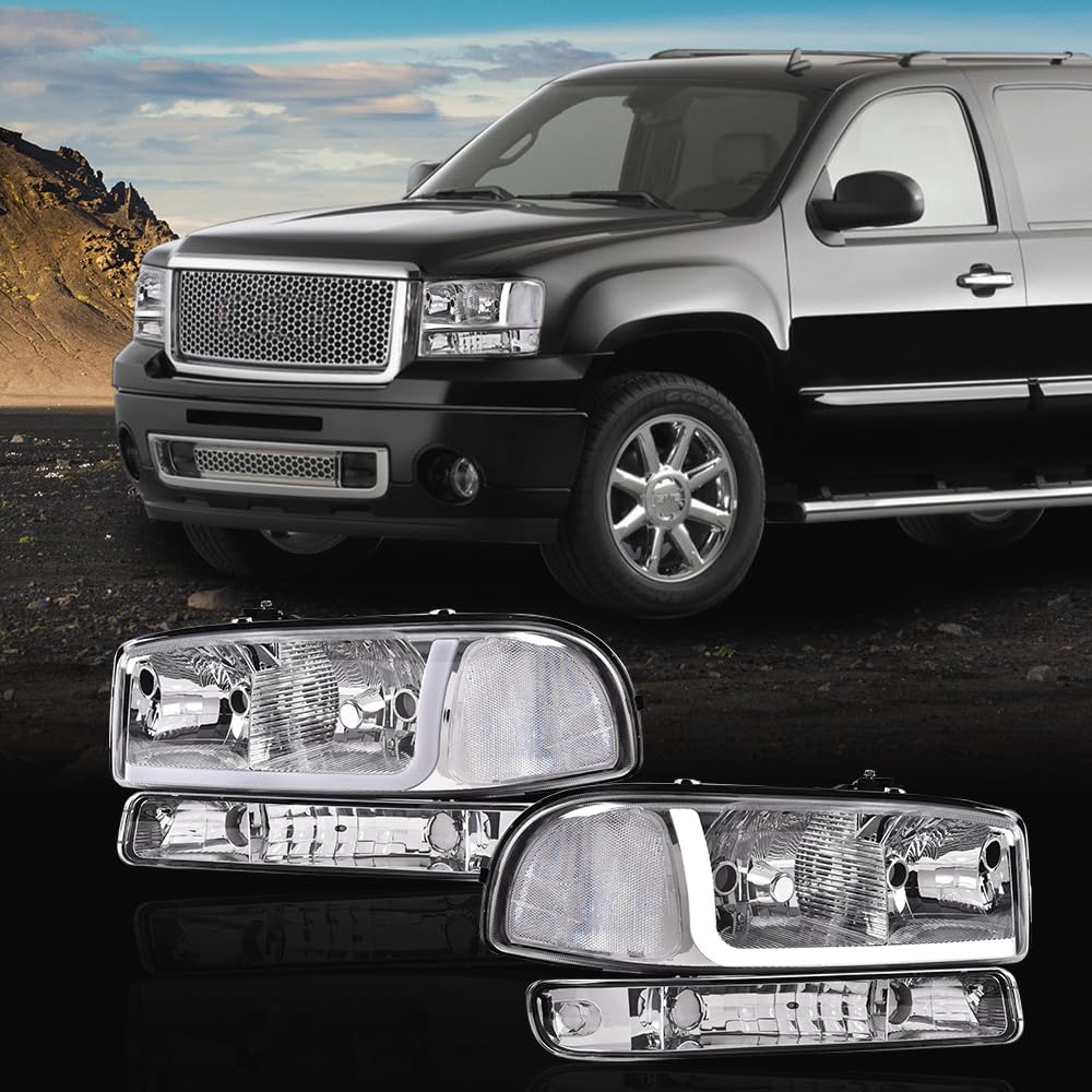 G-PLUS LED Headlights Assembly Compatible with GMC Yukon XL 1500 2500 1999-2006/Fit GMC Sierra 1500HD 2500HD 3500 1999-2007,Pair Headlamps Clear Lens Chrome Housing Clear Reflector,faros delanteros