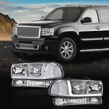 G-PLUS LED Headlights Assembly Compatible with GMC Yukon XL 1500 2500 1999-2006/Fit GMC Sierra 1500HD 2500HD 3500 1999-2007,Pair Headlamps Clear Lens Chrome Housing Clear Reflector,faros delanteros