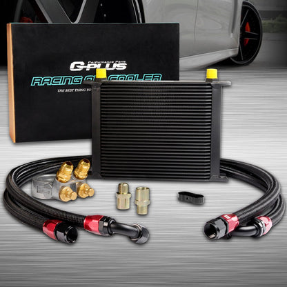 30 ROW AN10 Universal Engine Aluminum Transmission Oil Cooler Kit With Thermostat 80 Deg Adapter Black
