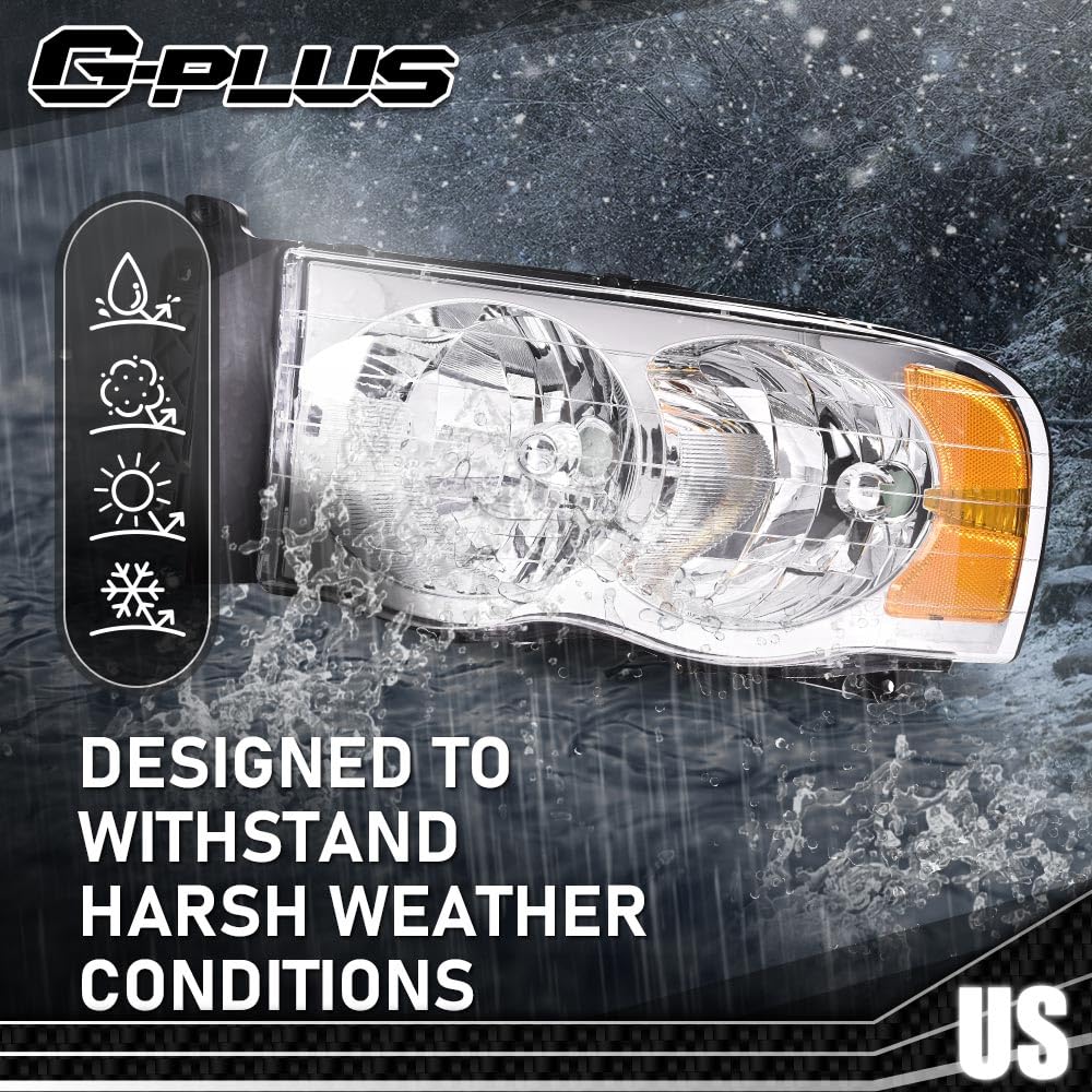 G-PLUS Headlights Bumper Headlamps Assembly Compatible with 2002-2005 Dodge Ram 1500 2500 3500, Clear Lens Chrome Housing Amber Reflector,faros delanteros
