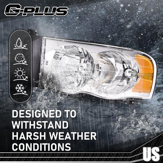 G-PLUS Headlights Bumper Headlamps Assembly Compatible with 2002-2005 Dodge Ram 1500 2500 3500, Clear Lens Chrome Housing Amber Reflector,faros delanteros