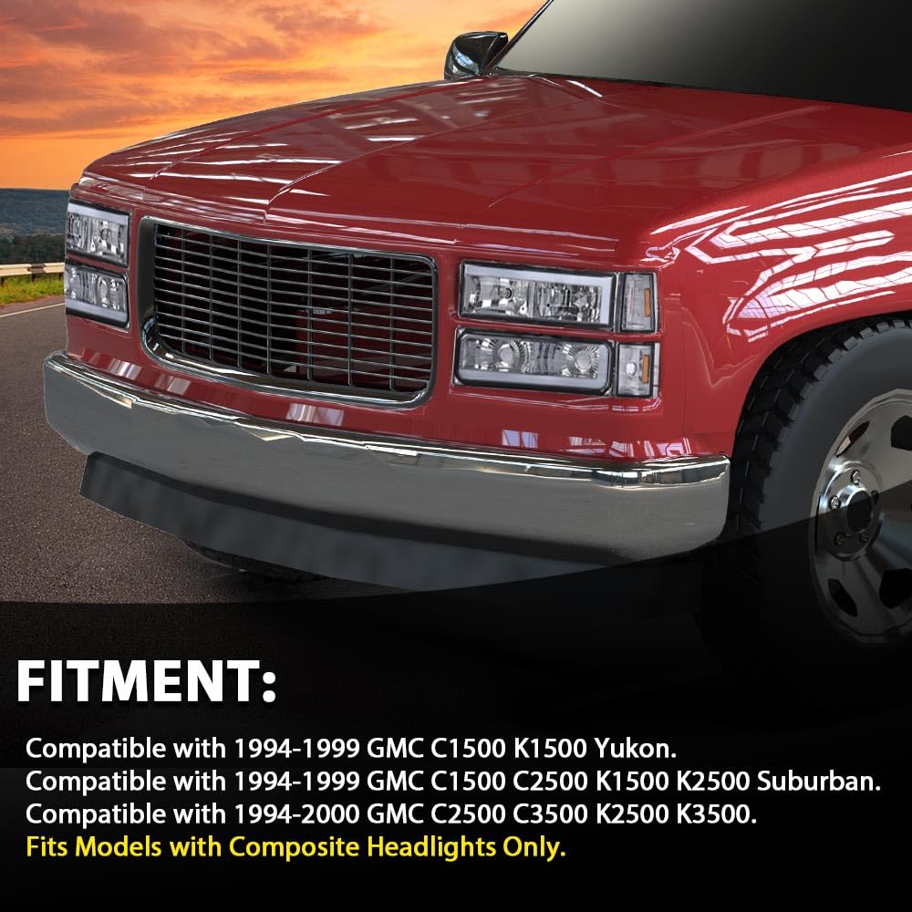 G-PLUS LED Headlights Assembly w/Bulbs Fit GMC C1500 K1500 Yukon 1994-1999, Fit GMC C2500 C3500 K2500 K3500 1994-2000, Left & Right Headlamps Assembly, Smoky Lens Chrome Housing Amber Reflector
