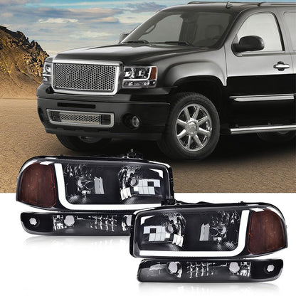 G-PLUS LED DRL Headlights Assembly, Compatible with 1999-2007 GMC Sierra 1500/2001-2007 GMC Sierra 1500 HD Bumper Headlamps, Smoky Lens Black Housing Amber Reflector,faros delanteros