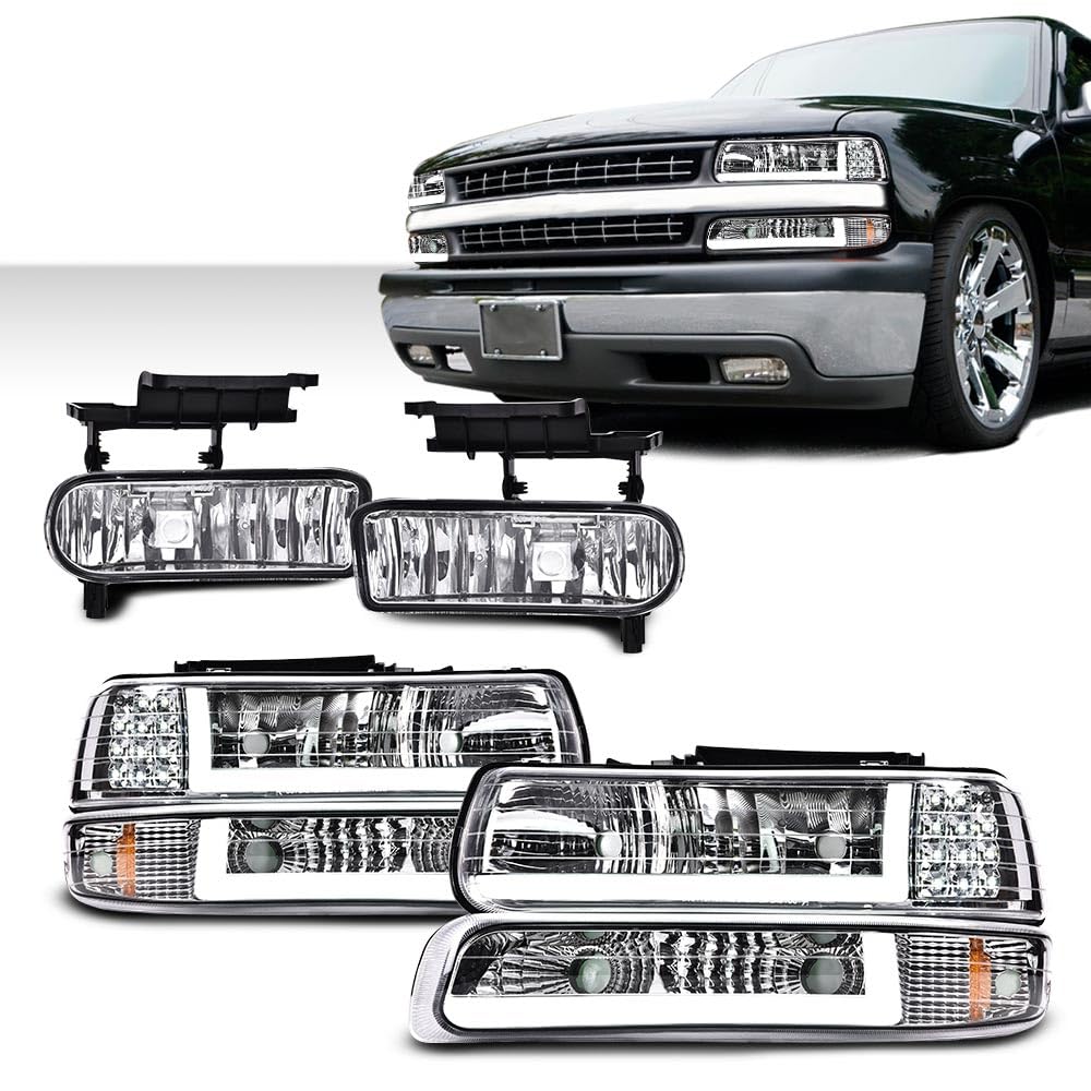 G-PLUS LED DRL Headlights & Fog Lights Compatible With 1999-2002/Chevy Silverado 1500/2500 2000-2006/Suburban Tahoe 1500 2500 Headlamps & Fog Lamps 6pcs Chrome Housing Amber Reflector,faros delanteros