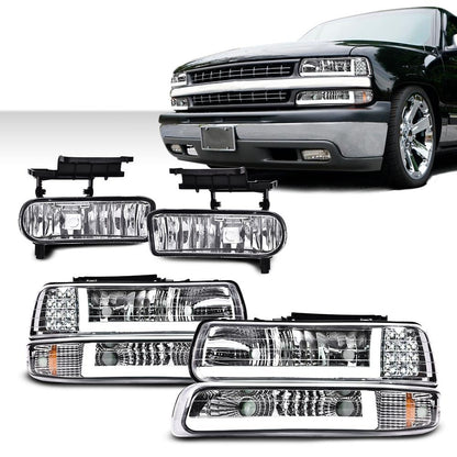G-PLUS LED DRL Headlights & Fog Lights Compatible With 1999-2002/Chevy Silverado 1500/2500 2000-2006/Suburban Tahoe 1500 2500 Headlamps & Fog Lamps 6pcs Chrome Housing Amber Reflector,faros delanteros