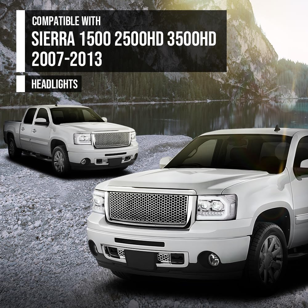 G-PLUS LED Dual convex Projector Headlights,Fit 2007-2013 GMC Sierra 1500/Fit GMC Sierra 2500HD 3500HD 2007-2014 Headlamps Assembly,Left&Right Clear Lens Chrome Housing Clear Reflector