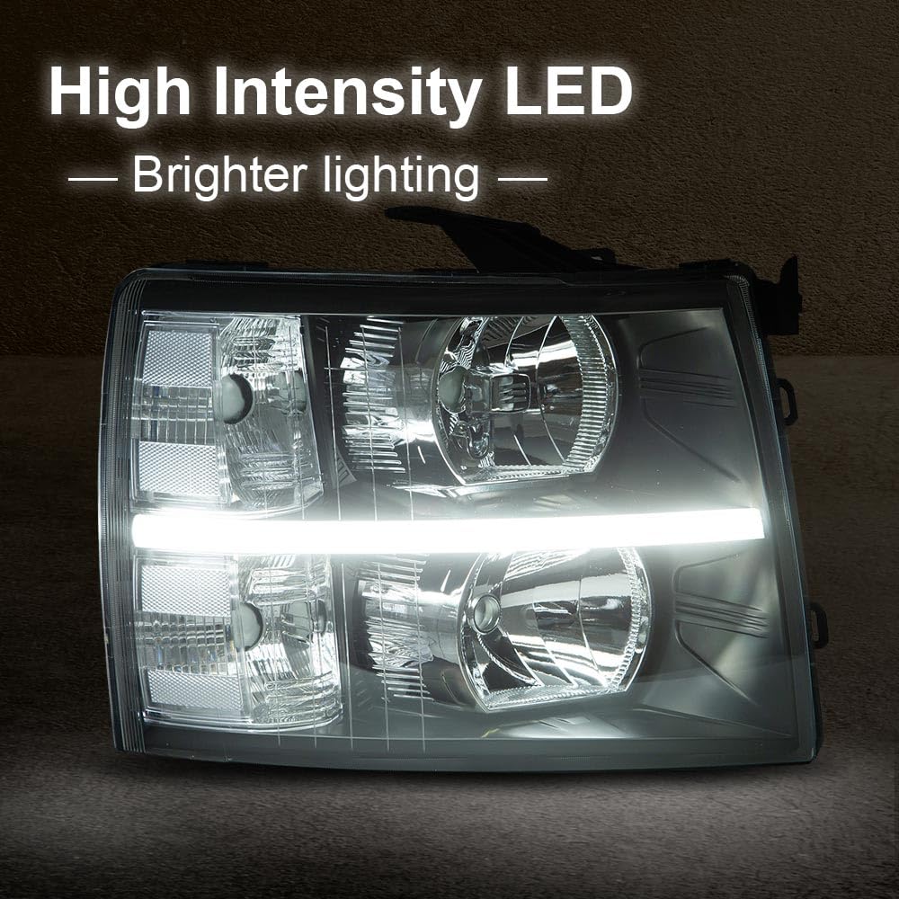 G-PLUS LED DRL Headlights, Fit 2007-2014 Chevy Silverado 2500 3500 & HD Models/Fit 2007-2013 Chevy Silverado 1500 Bumper Headlamps, Clear Lens Black Housing Clear Reflector