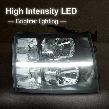 G-PLUS LED DRL Headlights, Fit 2007-2014 Chevy Silverado 2500 3500 & HD Models/Fit 2007-2013 Chevy Silverado 1500 Bumper Headlamps, Clear Lens Black Housing Clear Reflector